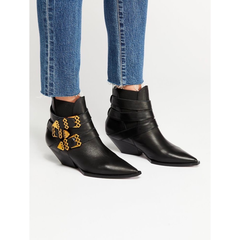 NWOT Free People x RAS Echo Western Booties Black Gold Buckles Size 8.5